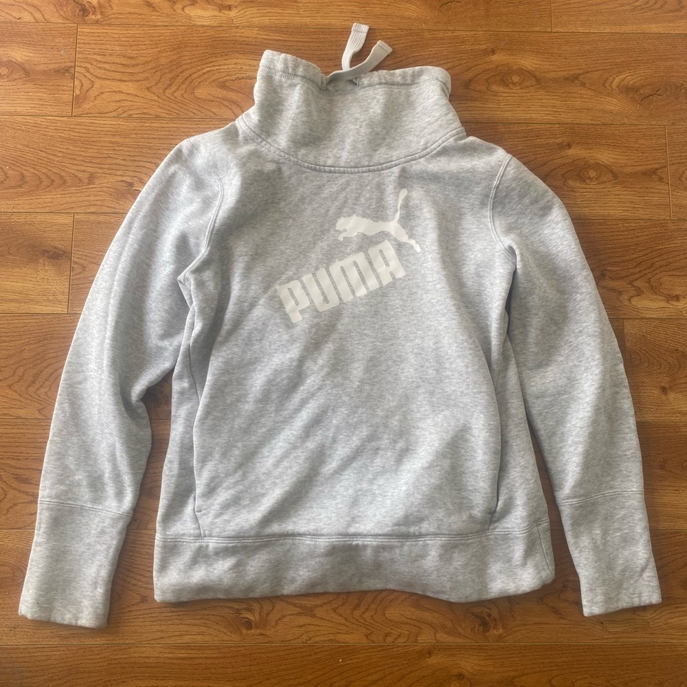 Womens PUMA Cowl Neck Sweater Gray Pockets Drawstring Medium